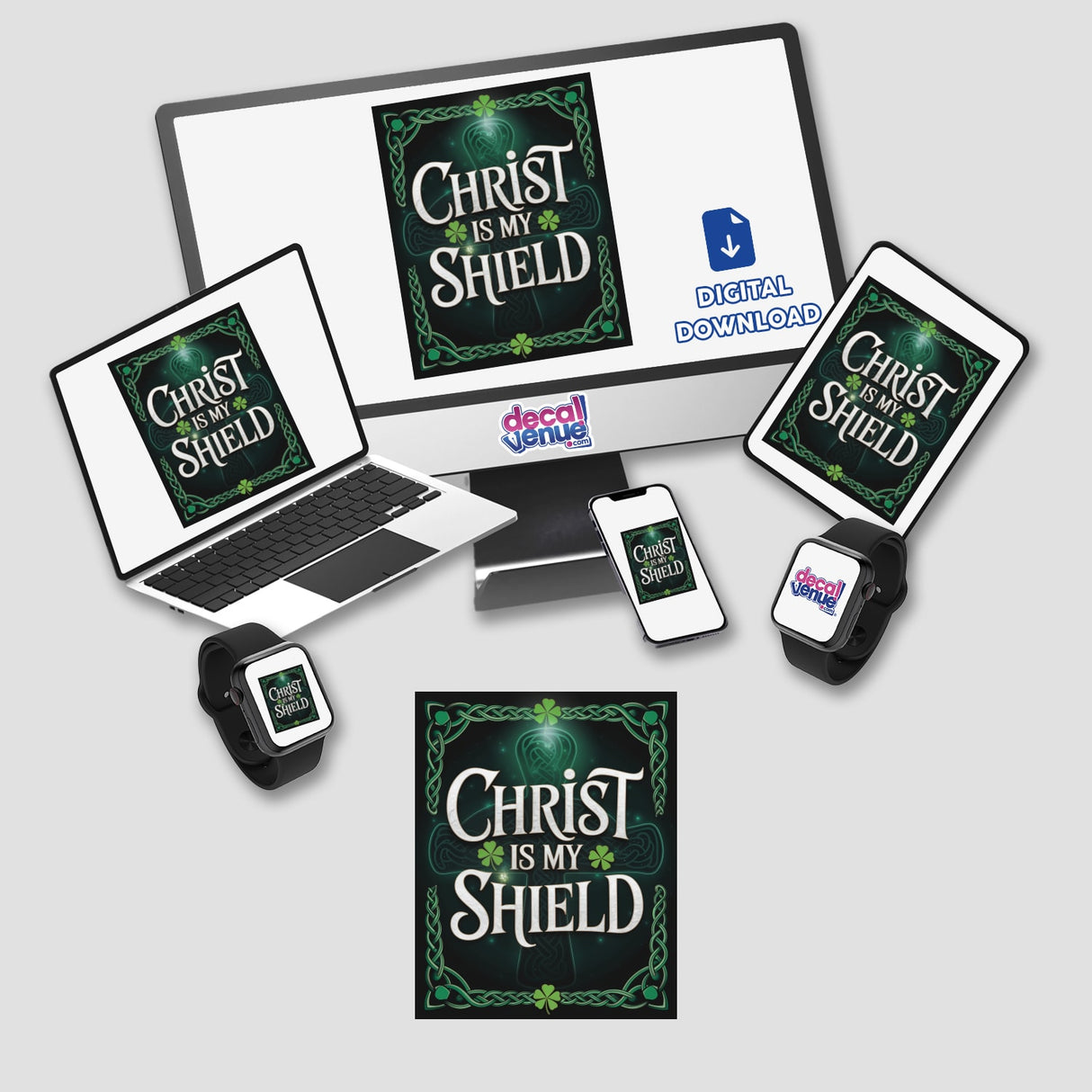 Christ is My Shield - Christian St. Patrick’s Day Sticker or Clipart with Commercial Rights featuring a computer monitor, laptop, phone, and smartwatch displaying logos, ideal for digital artwork or stickers.