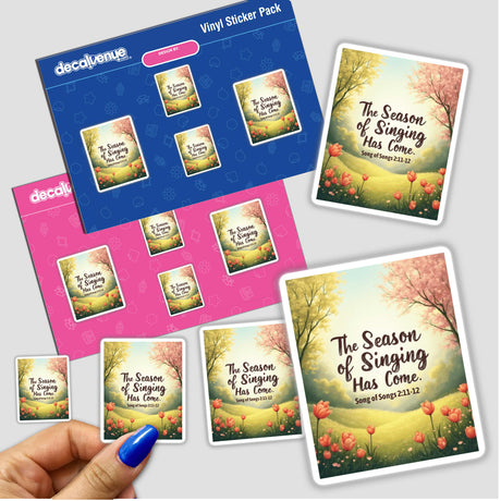 Hand holding The Season of Singing Has Come – Bible Verse About Spring sticker pack, featuring floral and tree designs, available as stickers or digital artwork with commercial rights.