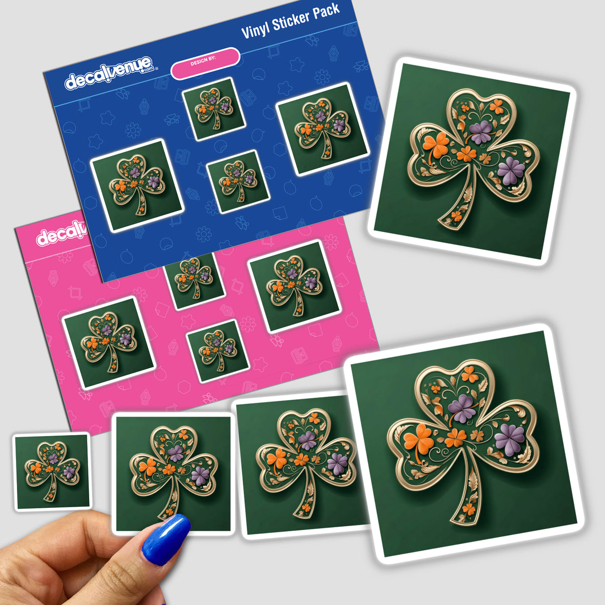 Sticker pack featuring the Floral Shamrock design, showcasing elegant clovers with gold accents and colorful flowers, held in a hand. Perfect for unique vinyl sticker enthusiasts.