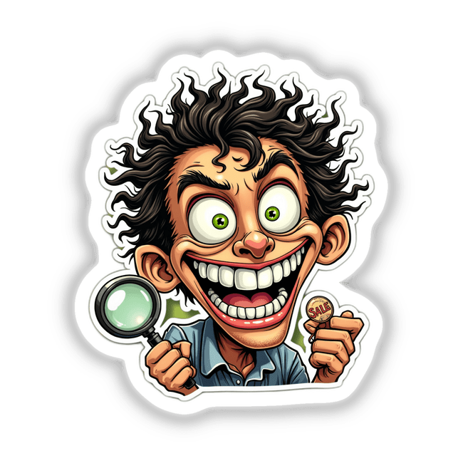 Pesquisador Doido cartoon character holding a magnifying glass, available as stickers or digital artwork.