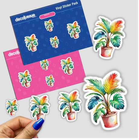 Hand holding the Palm Tree in Pot Sticker | Retro Design with Vintage Color Palette, showcasing a vibrant, retro-style potted palm tree sticker.