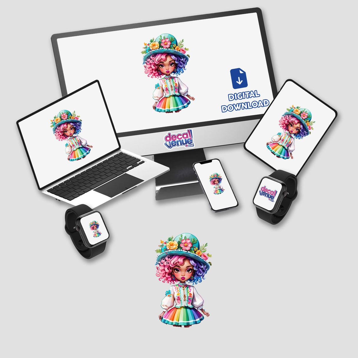 Vibrant Kawaii Fashion Watercolor - Stylish Afro Female Illustration displayed on a computer monitor and laptop screen, showcasing colorful cartoon characters. Available as stickers or digital artwork.