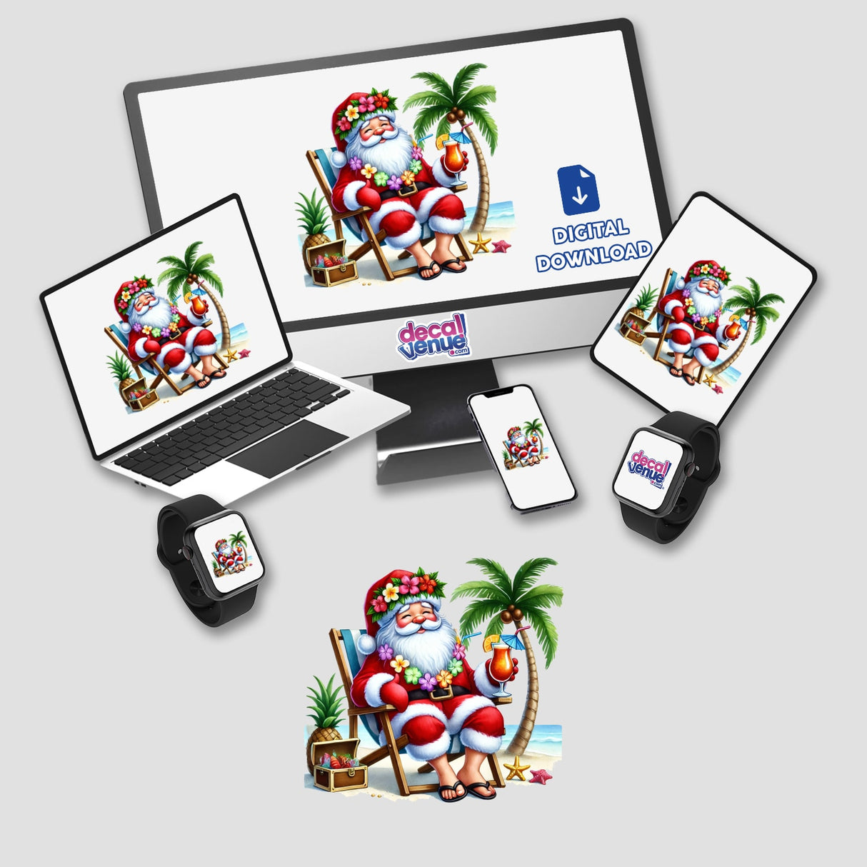 Hula Santa Relaxing at Beach w/ Drink depicted on a computer monitor and laptop, showcasing Santa in a chair on the beach. Available as stickers or digital artwork.