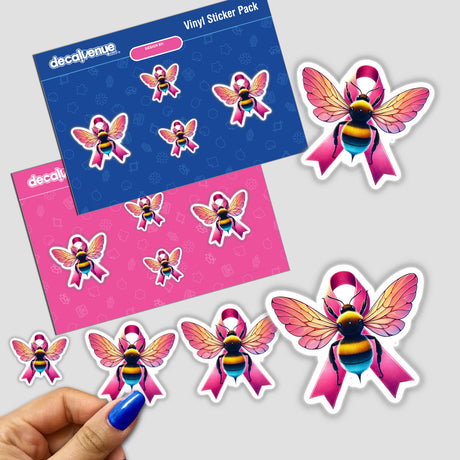 Bumblebee Pink Ribbon Breast Cancer stickers featuring bees with pink ribbons and wings, ideal for awareness campaigns. Available as physical stickers or digital artwork.