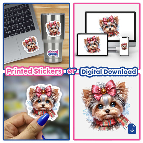 Cute Winter Yorkie Dog sticker collage featuring a dog with a bow, displayed on a cup, laptop, and held in hand, highlighting its versatile use as a sticker or digital artwork.