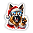 German Shepherd Dog in Santa Outfit wearing sunglasses, showcasing a festive and playful design available as stickers or digital artwork from Decal Venue.