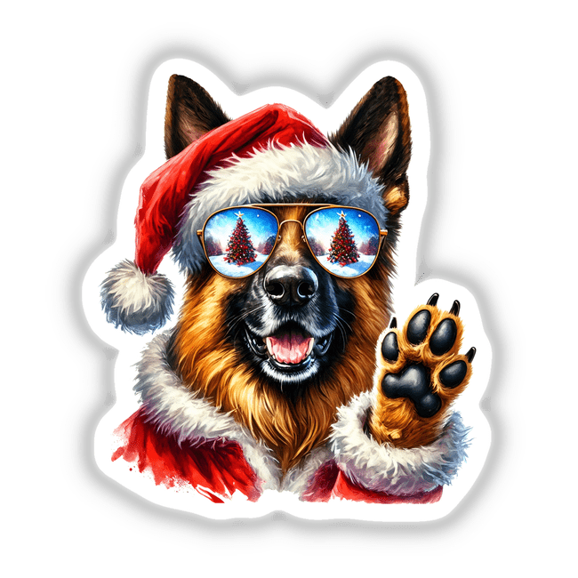 German Shepherd Dog in Santa Outfit wearing sunglasses, showcasing a festive and playful design available as stickers or digital artwork from Decal Venue.