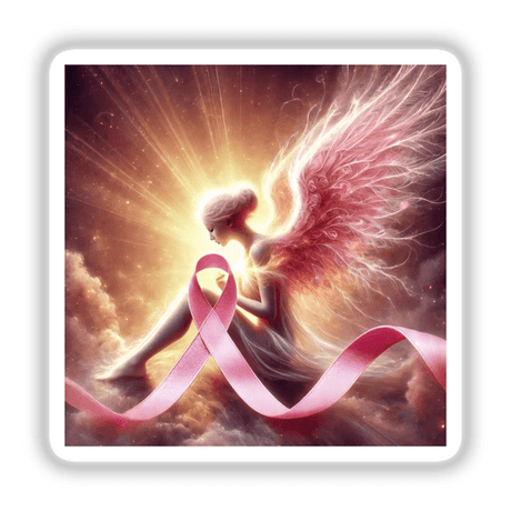 Guardian Angel - Wings Wrapped Around a Pink Ribbon: A woman with angel wings embracing a pink ribbon, available as stickers or digital artwork from Decal Venue.