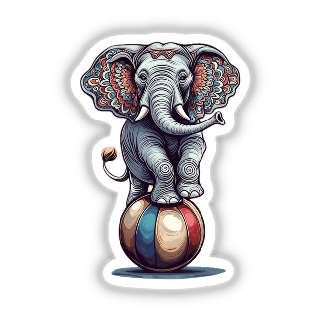 Ornate Circus Elephant Balancing on Ball with Vibrant Mandala Ears, depicted as a whimsical cartoon, available as stickers or digital artwork from Decal Venue.