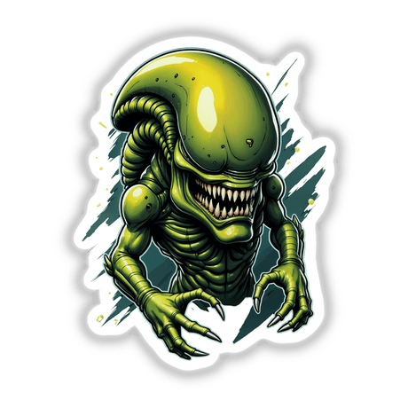 A Cool Xenomorph Alien Warrior with sharp claws and teeth, depicted in cartoon style; available as stickers or digital artwork from Decal Venue.