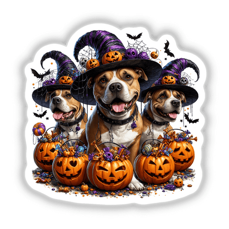 Halloween Pitbull Dogs Trick or Treat Pumpkins: Group of dogs in hats with carved pumpkins, available as stickers or digital artwork.