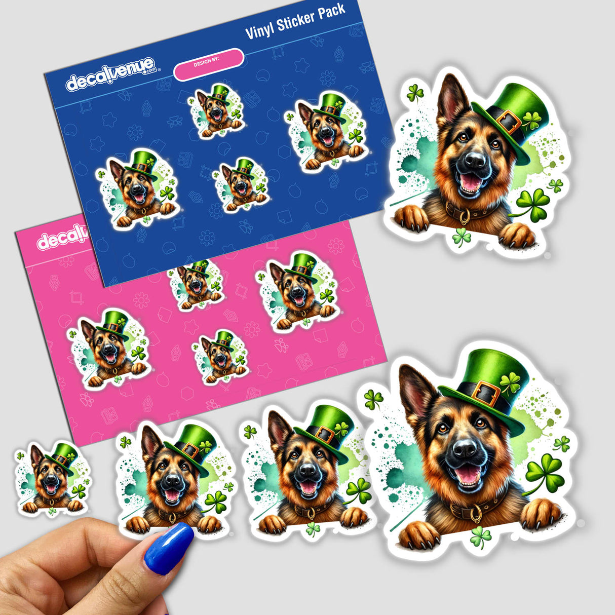 Happy St Patricks Day Irish German Shepherd sticker featuring a dog in a green hat, available as a sticker or digital artwork from Decal Venue.