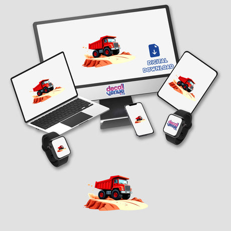 A Red Dump Truck displayed on various digital devices, showcasing its availability as stickers or digital artwork from Decal Venue.