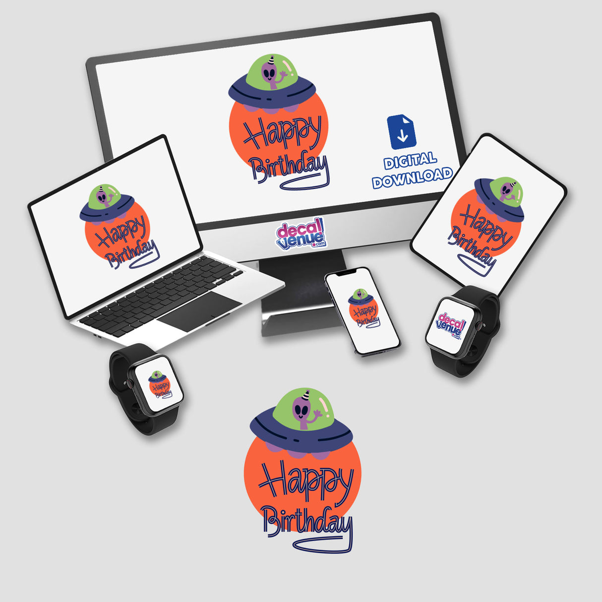 Computer monitor and laptop displaying Happy Birthday with a UFO and alien cartoon, available as stickers or digital artwork.