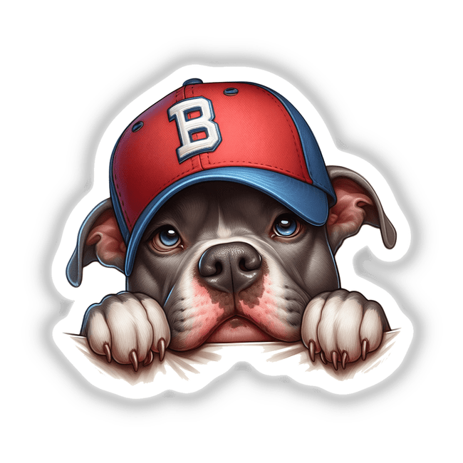 Peeking Pitbull Dog w/ B Baseball Cap