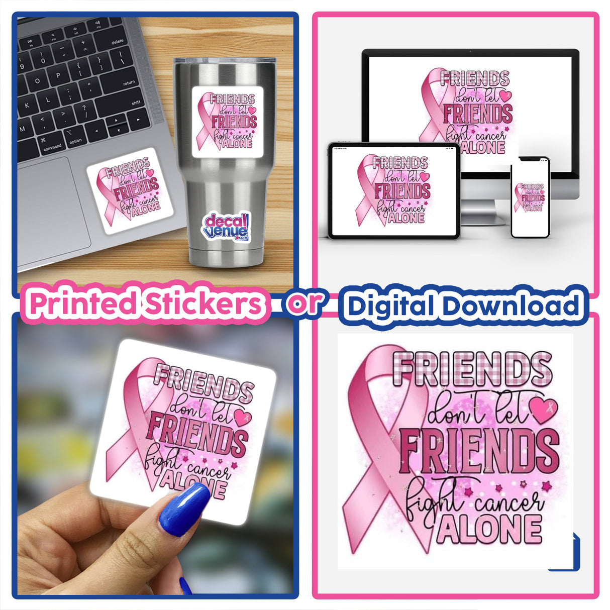 Gold Breast Cancer Series 13: Collage featuring a laptop adorned with a pink ribbon, a hand holding a sticker with a pink ribbon, and related items. Available as stickers or digital artwork.