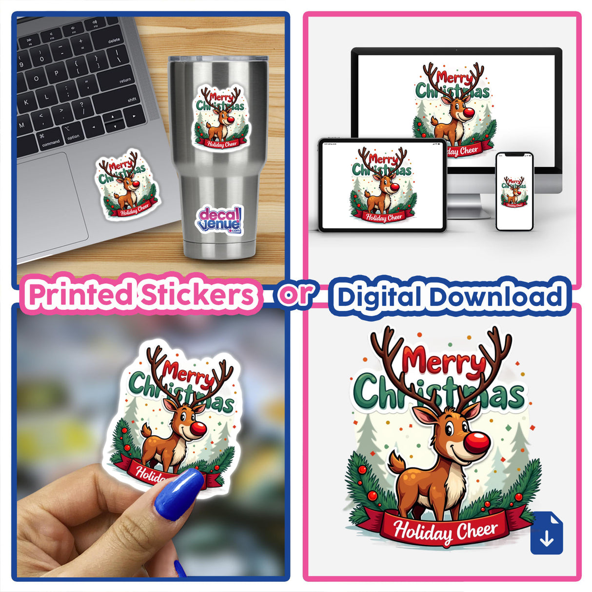 Merry Christmas Holiday Cheer Reindeer stickers displayed on a laptop, showcasing festive cartoon reindeers with antlers and red noses, perfect for adding holiday spirit to your devices.