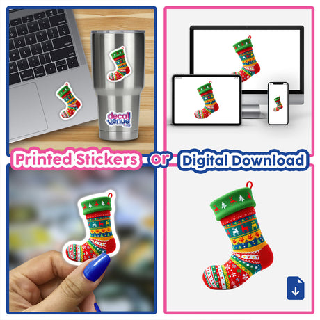 Collage featuring Stocking Ugly Christmas Sweater Style as stickers or digital artwork, showcasing festive reindeer and tree designs, alongside a laptop and close-up images.