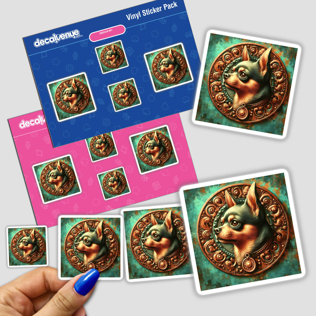 Colorful Chihuahua Medallion stickers displayed on vinyl sticker packaging and in hand, showcasing the detailed and whimsical design of the digital artwork product.