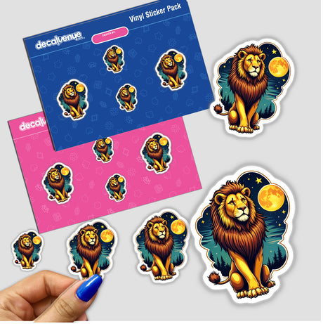 Cool Lion With A Starry Night sticker features a lion sitting beneath a full moon, perfect for adding a touch of unique, illustrated charm to your collection or digital artwork.