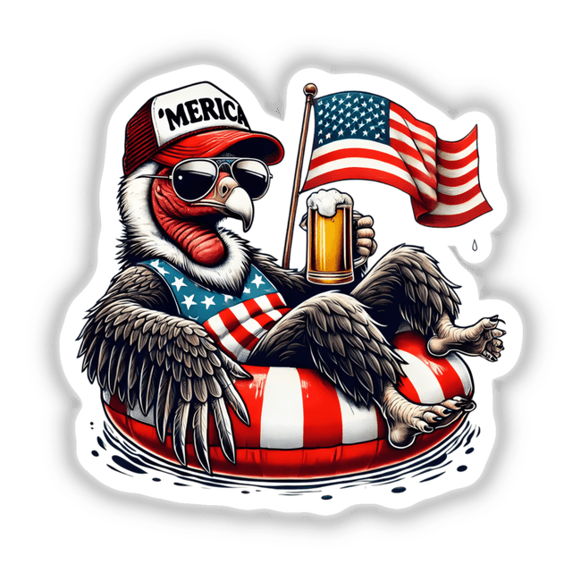 Patriotic California condor in American flag-themed float with beer, sunglasses, and 'Merica cap