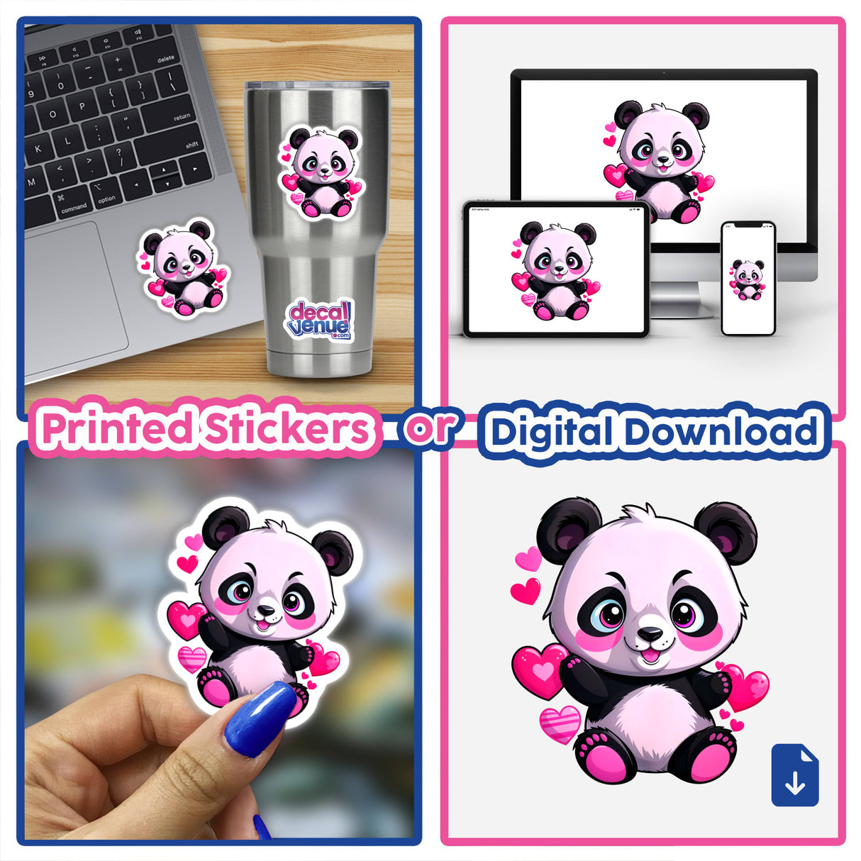 Collage featuring A Cute Panda Bear With Love Hearts as stickers and digital artwork, showcased on various items like laptops, cups, and phones, embodying Decal Venue's unique sticker art style.