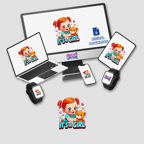 Cartoon characters on a monitor and laptop screen, featuring It's A Girl - Gender Reveal theme. Available as stickers or digital artwork from Decal Venue.