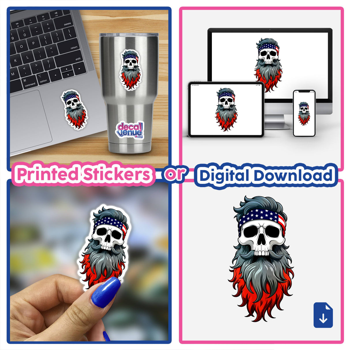 Collage featuring A Cool Skull With An American Flag Bandana as stickers and digital artwork, showcasing various skull designs with beards and hats, reflecting Decal Venue's unique vinyl stickers and digital art.