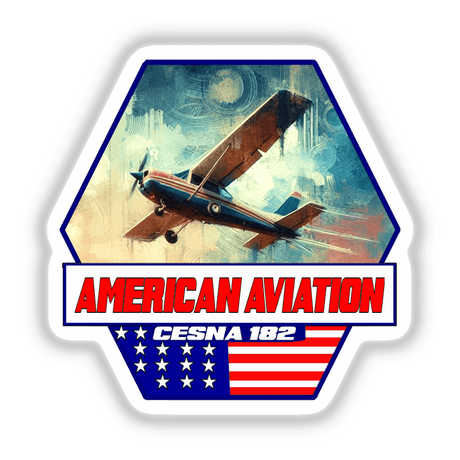 Vintage aviation-themed digital artwork depicting a Cessna 182 aircraft in flight against a starry night sky backdrop, with the American flag and "American Aviation Cessna 182" text overlaid.