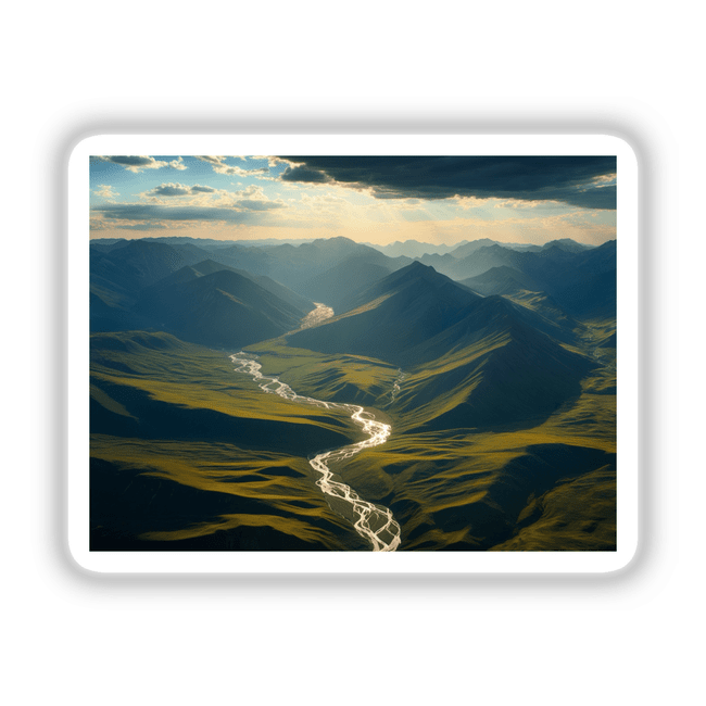 Golden Hour Over Serene Mountain Valley with Winding River depicted as a tranquil landscape with a river winding through mountains, available as unique stickers or digital artwork from Decal Venue.