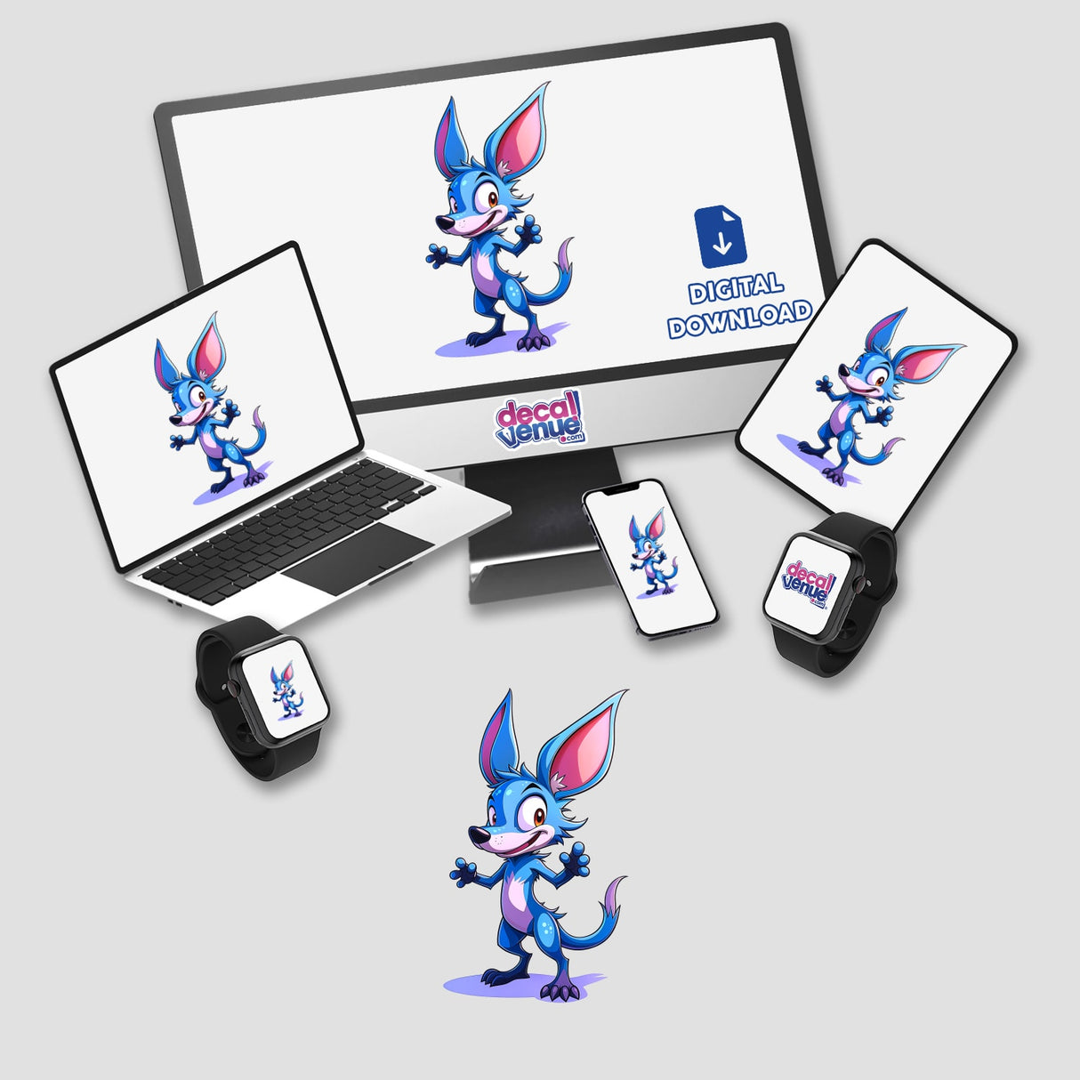 Canine Fighter - K-9 Crusader stickers and digital artwork featuring a cartoon blue dog with big ears displayed on a laptop and monitor.