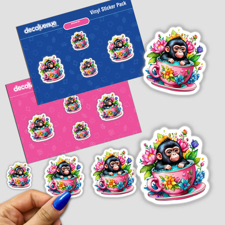 Gorilla Tea cup: Cute Floral Splash Sticker featuring a cartoon monkey sitting in a teacup with flowers, available as stickers or digital artwork. Close-up of sticker and envelope shown.