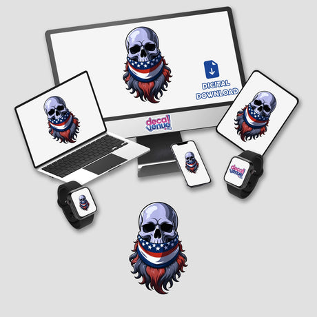 A Cool Skull With An American Flag Bandana displayed on a computer screen, featuring a bearded skull wearing a red, white, and blue bandana, available as stickers or digital artwork.