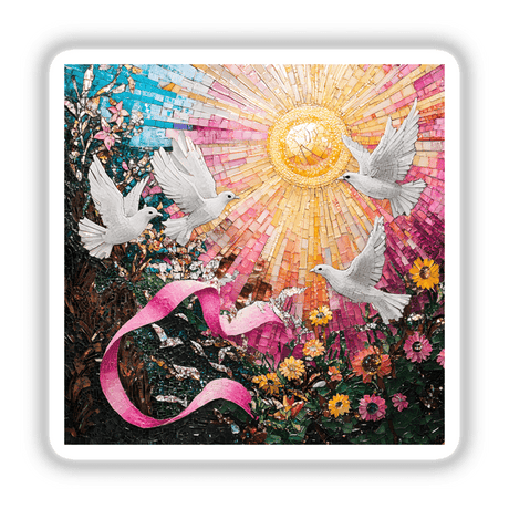 Pink Ribbon with Doves and Sun Rays Mosaic: A detailed artwork showing white doves flying over flowers with sun rays. Available as stickers or digital artwork from Decal Venue.