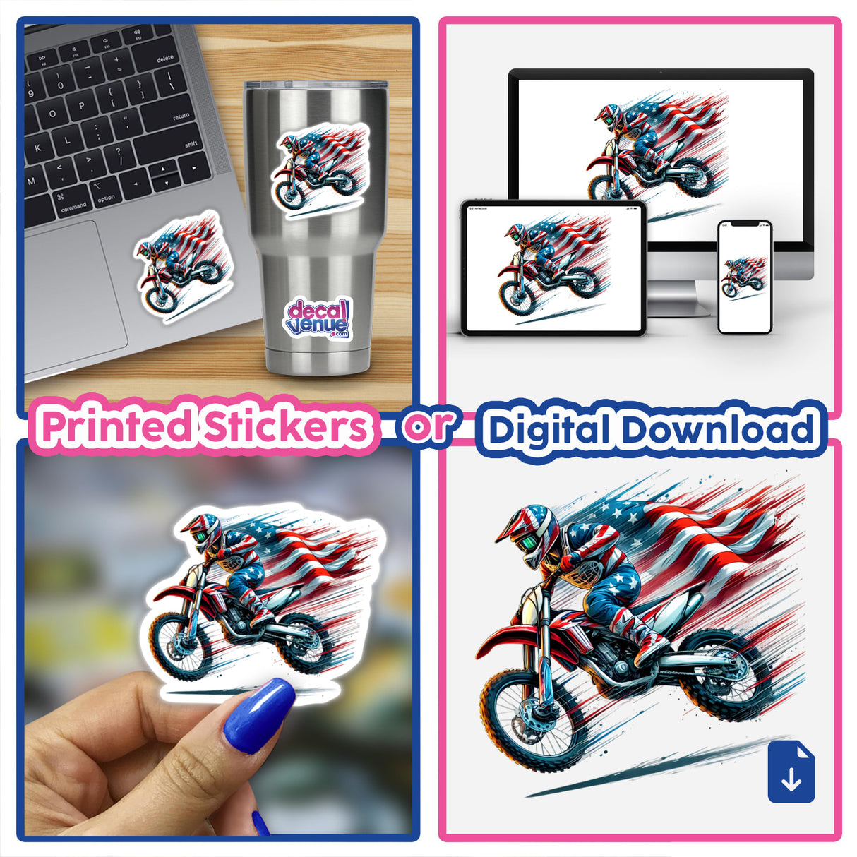 Collage of Motocross Dirt Bike Rider American Flag stickers and digital artwork, featuring close-ups of motorcycles, riders, and laptops with stickers.