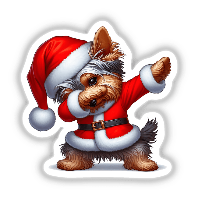 Dabbing Christmas Yorkie Dog in Santa Outfit sticker or digital artwork featuring a Yorkie wearing a Santa hat and garment, capturing a playful, festive pose.