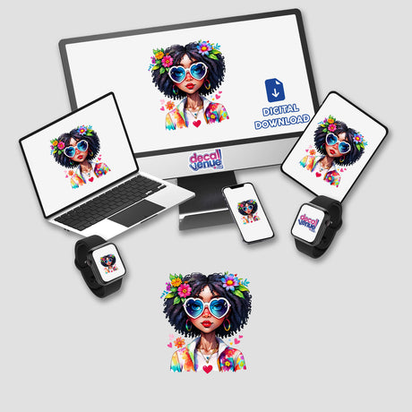 Afro Hippie Chick: Sticker with Heart-Shaped Glasses featuring a cartoon woman in sunglasses, visible on a computer monitor and laptop, available as stickers or digital artwork.