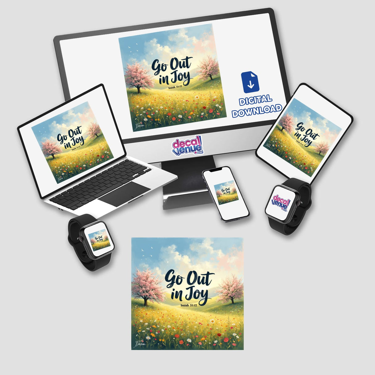 Go Out in Joy – Isaiah 55:12 – Bible Verse Sticker or Clipart featuring a serene landscape scene, available as unique stickers or digital artwork with commercial rights from Decal Venue.