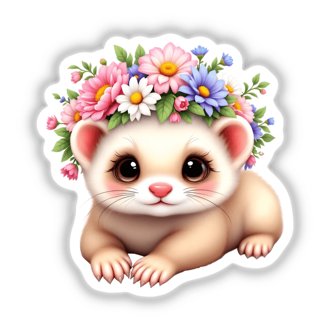 Cute Ferret with a Whimsical Flower Crown depicted in a cartoon style, available as stickers or digital artwork.