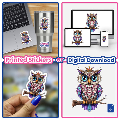 Regal Owl with Intricate Patterns and Crown on a Branch featured as a vinyl sticker or digital artwork, showcasing detailed owl imagery in a collage, ideal for laptops or cups.