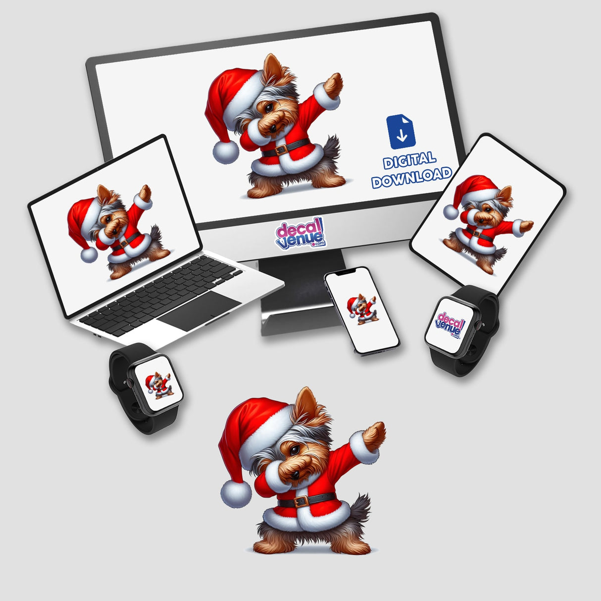 Dabbing Christmas Yorkie Dog in Santa Outfit displayed on a laptop screen, with accompanying electronic devices showcasing the same festive dog artwork available as stickers or digital artwork.