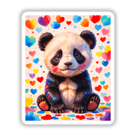 Cute panda bear surrounded by love hearts, available as stickers or digital artwork, capturing a whimsical, cartoon style from Decal Venue's unique collection.