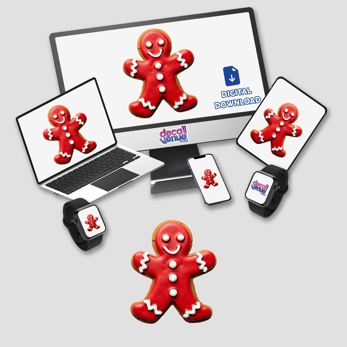 Gingerbread Man with Red Icing Festive Christmas Cookie displayed on a computer screen, available as stickers or digital artwork from Decal Venue.