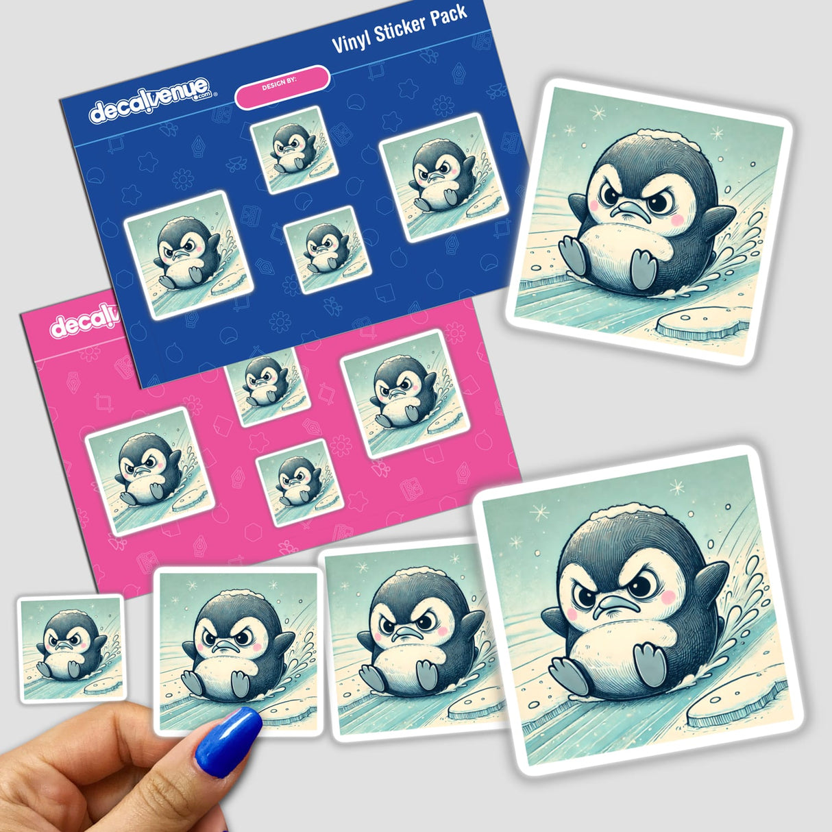 Grumpy Penguin Sliding on Ice sticker pack featuring cartoon penguins in various poses, including close-ups and hand-drawn details. Available as Stickers or Digital Artwork from Decal Venue.