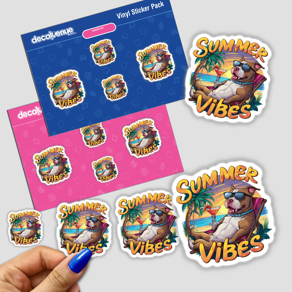 Sticker pack featuring a cartoon pitbull dog lounging in a beach chair, capturing summer vibes. A hand holds the sticker pack.