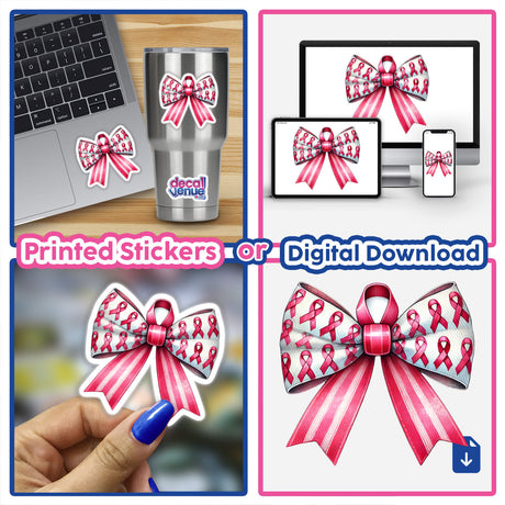 Breast Cancer Awareness Coquette Bow collage displaying pink ribbons, a laptop, and close-ups of stickers and bows. Available as stickers or digital artwork.