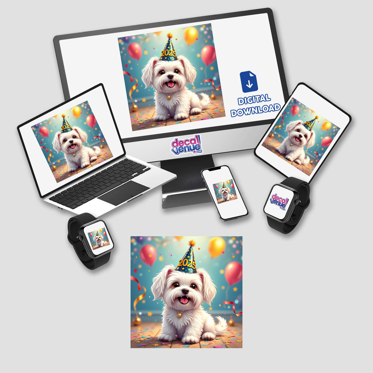 New Year’s Maltese Sticker & Clipart features a white Maltese dog in a party hat, displayed on a computer monitor and laptop. Available as stickers or digital artwork with commercial rights.