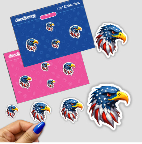 A Cool American Flag Eagle sticker featuring a cartoon eagle with stars and stripes, held in hand, representing patriotic themes. Available as stickers or digital artwork from Decal Venue.