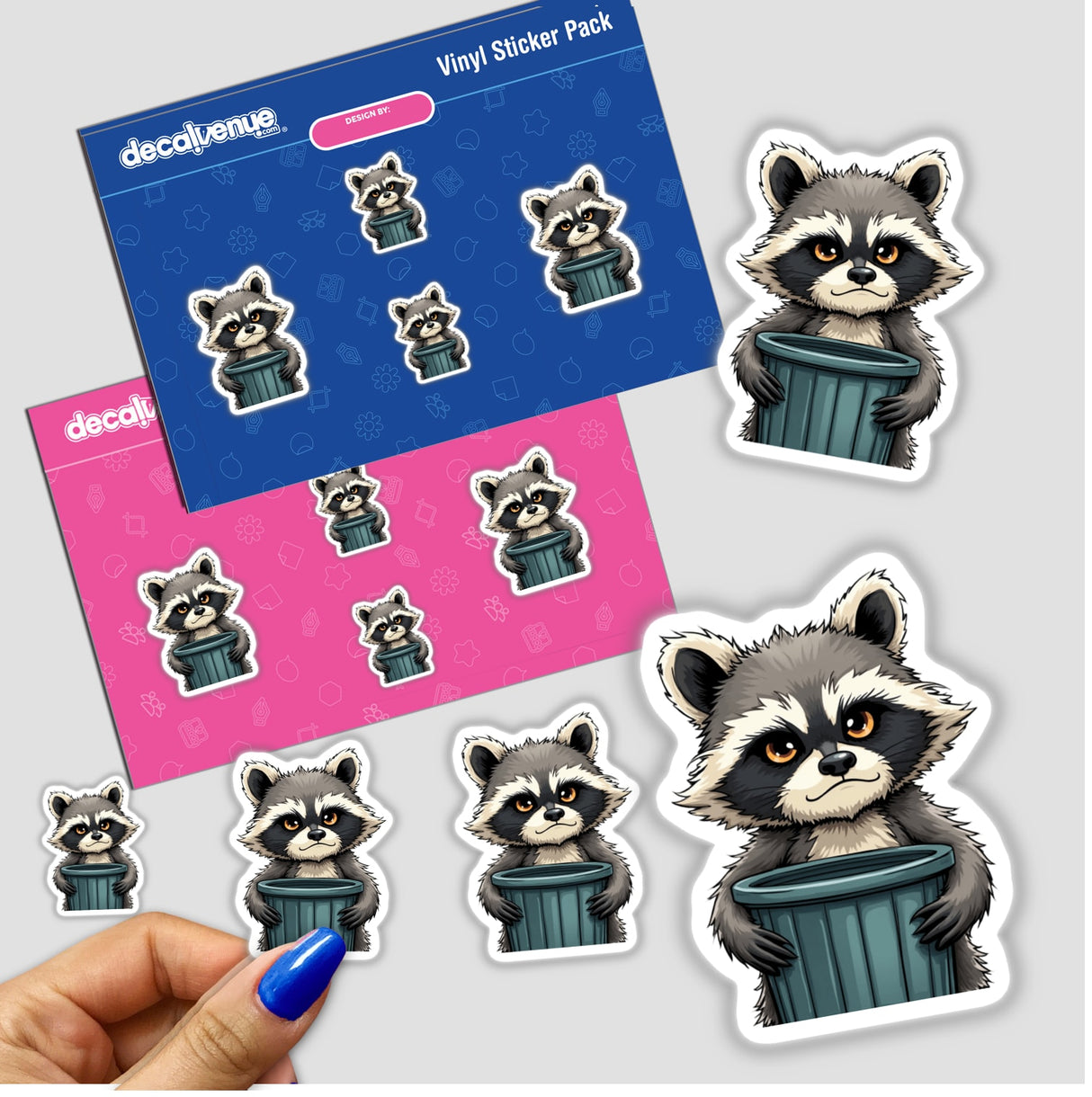 Adorable Cartoon Raccoon Holding Trash Can sticker, featuring a playful raccoon clutching a trash can. Ideal for personalizing spaces, available as stickers or digital artwork from Decal Venue.