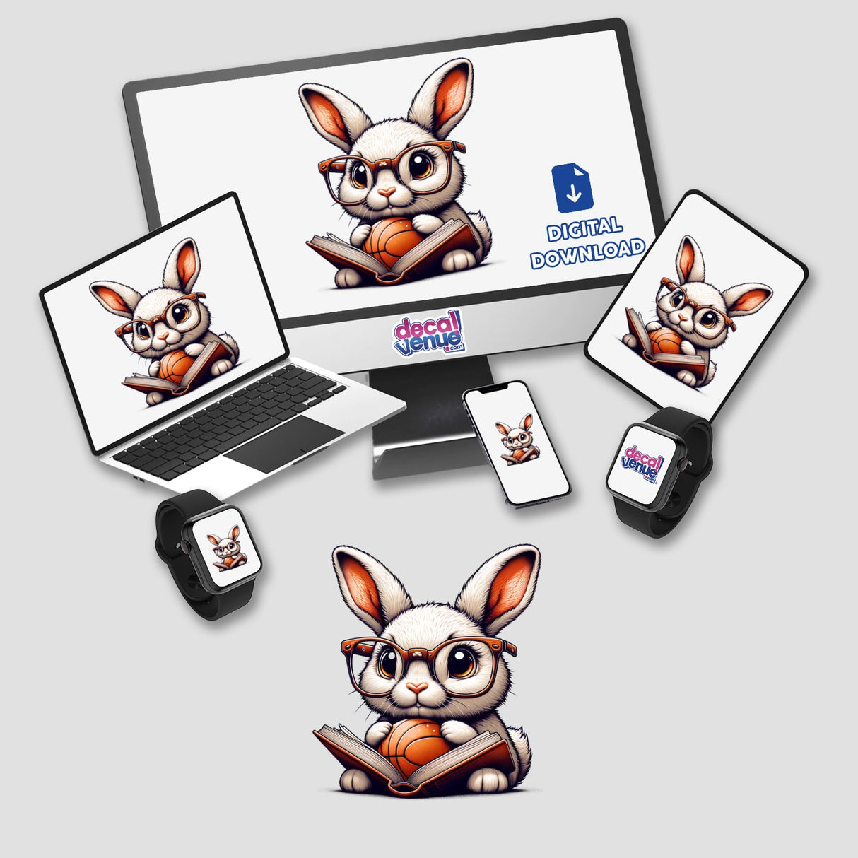 Bunny Rabbit in Reading Glasses with Open Book and Basketball artwork displayed on a computer monitor and laptop, showcasing its charm as a sticker and digital art from Decal Venue.